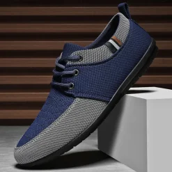 Men's Casual Lace-Up Shoes in Tan & Navy Blue, Unique Woven Design, Perfect for Everyday Style & Comfort