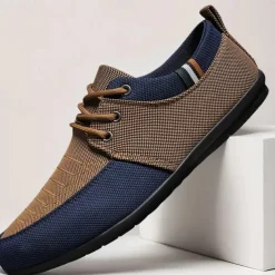 Men's Casual Lace-Up Shoes in Tan & Navy Blue, Unique Woven Design, Perfect for Everyday Style & Comfort