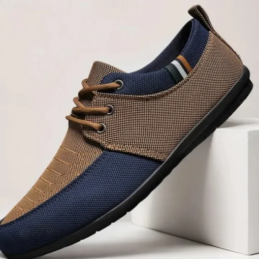 Men's Casual Lace-Up Shoes in Tan & Navy Blue, Unique Woven Design, Perfect for Everyday Style & Comfort