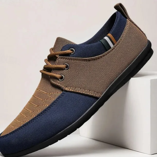 Men's Casual Lace-Up Shoes in Tan & Navy Blue, Unique Woven Design, Perfect for Everyday Style & Comfort