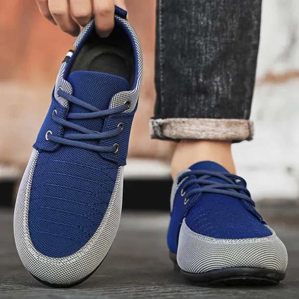 Men's Casual Lace-Up Shoes in Tan & Navy Blue, Unique Woven Design, Perfect for Everyday Style & Comfort
