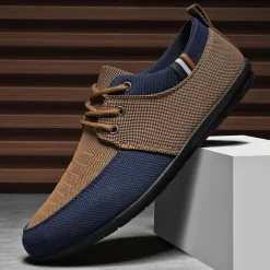 Men's Casual Lace-Up Shoes in Tan & Navy Blue, Unique Woven Design, Perfect for Everyday Style & Comfort