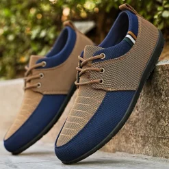 Men's Casual Lace-Up Shoes in Tan & Navy Blue, Unique Woven Design, Perfect for Everyday Style & Comfort