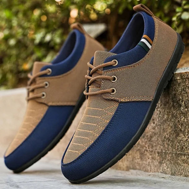 Men's Casual Lace-Up Shoes in Tan & Navy Blue, Unique Woven Design, Perfect for Everyday Style & Comfort