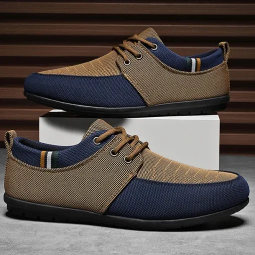 Men's Casual Lace-Up Shoes in Tan & Navy Blue, Unique Woven Design, Perfect for Everyday Style & Comfort