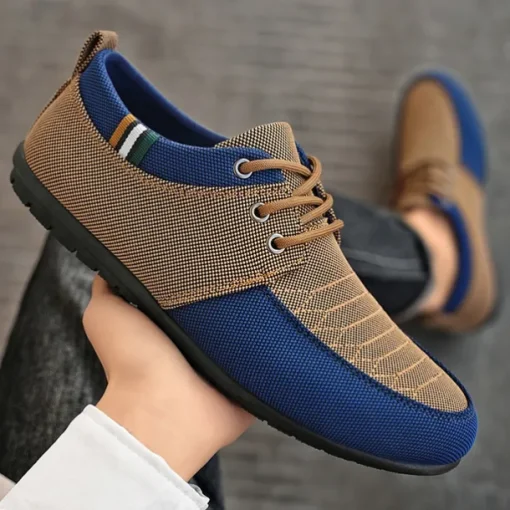 Men's Casual Lace-Up Shoes in Tan & Navy Blue, Unique Woven Design, Perfect for Everyday Style & Comfort