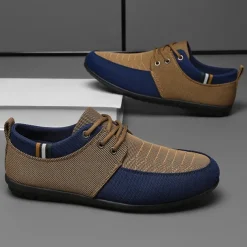 Men's Casual Lace-Up Shoes in Tan & Navy Blue, Unique Woven Design, Perfect for Everyday Style & Comfort