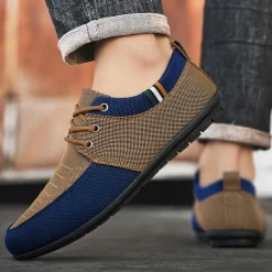Men's Casual Lace-Up Shoes in Tan & Navy Blue, Unique Woven Design, Perfect for Everyday Style & Comfort