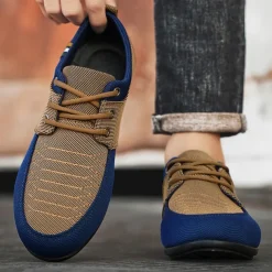 Men's Casual Lace-Up Shoes in Tan & Navy Blue, Unique Woven Design, Perfect for Everyday Style & Comfort