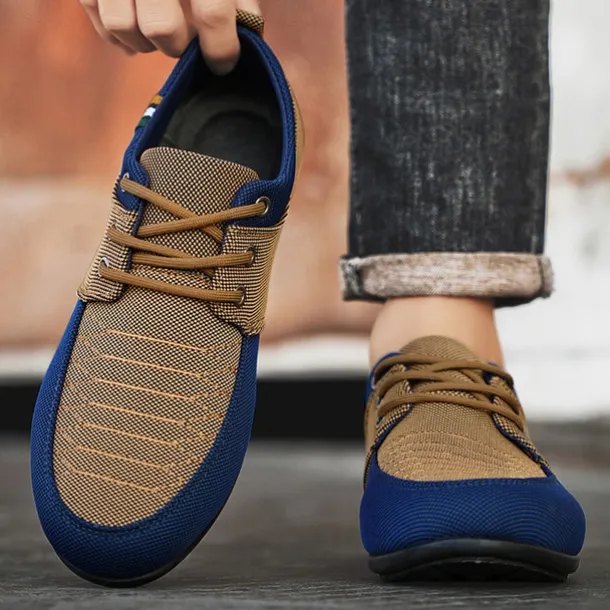Men's Casual Lace-Up Shoes in Tan & Navy Blue, Unique Woven Design, Perfect for Everyday Style & Comfort