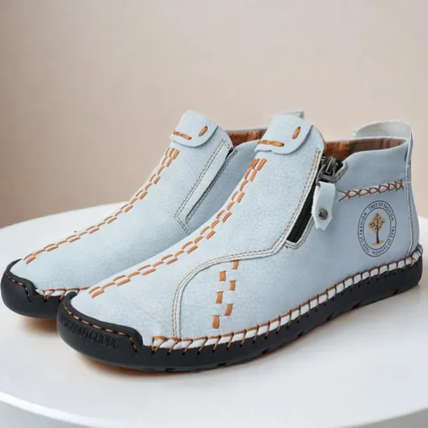 Men's Casual Light Blue Leather Loafers with Unique Hand-Stitched Details and Zip Closure, Ideal for Daily Wear