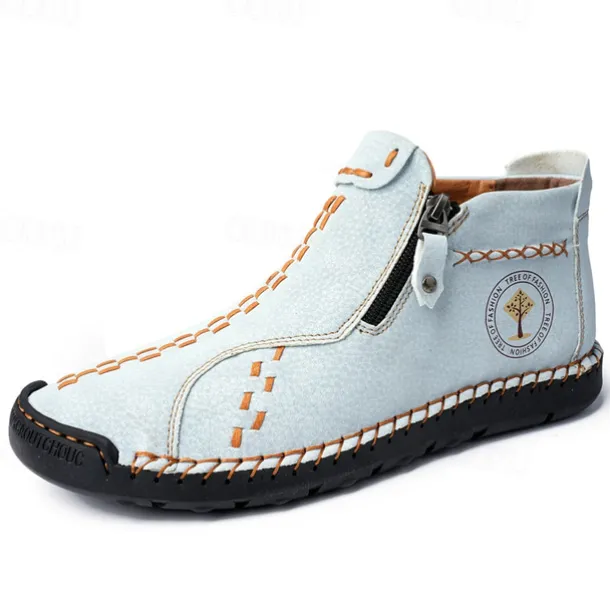 Men's Casual Light Blue Leather Loafers with Unique Hand-Stitched Details and Zip Closure, Ideal for Daily Wear