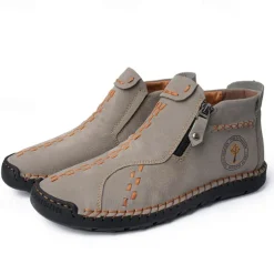 Men's Casual Light Blue Leather Loafers with Unique Hand-Stitched Details and Zip Closure, Ideal for Daily Wear