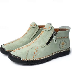 Men's Casual Light Blue Leather Loafers with Unique Hand-Stitched Details and Zip Closure, Ideal for Daily Wear