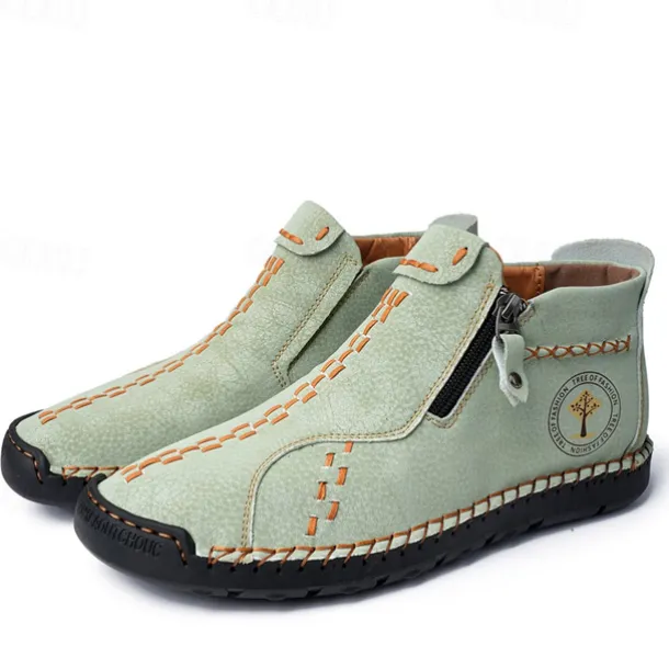 Men's Casual Light Blue Leather Loafers with Unique Hand-Stitched Details and Zip Closure, Ideal for Daily Wear