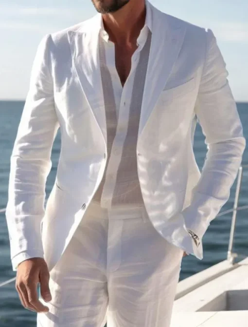 Men's Casual Linen Suits Notch Lapel White Daily Lightweight Solid Colored Standard Fit 2 Piece Single Breasted Two-buttons