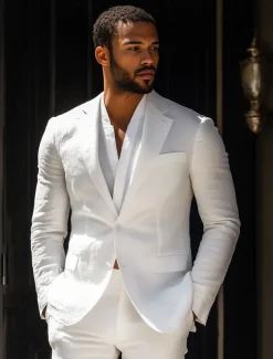 Men's Casual Linen Suits White Summer Fashion Casual Solid Colored Standard Fit 2 Piece Single Breasted Two-buttons