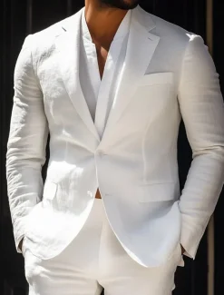 Men's Casual Linen Suits White Summer Fashion Casual Solid Colored Standard Fit 2 Piece Single Breasted Two-buttons