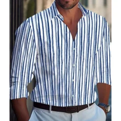 Men's Casual Shirt Beach Shirt Button Up Shirt Black Yellow Wine Red Blue Long Sleeve Stripes and Plaid Lapel Vacation Hawaiian Button-Down Clothing Apparel Polyester Fashion Casual Comfortable