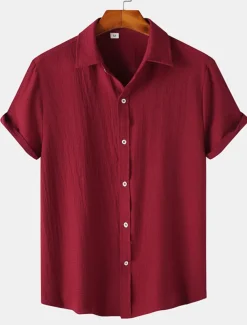Men's Casual Shirt Black Yellow Pink Wine Blue Short Sleeve Plain Lapel Vacation Street Basic Clothing Apparel Polyester Fashion Leisure