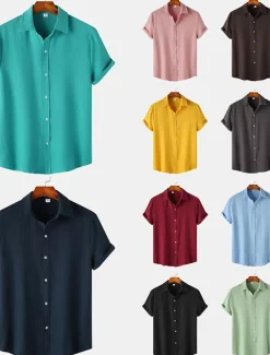 Men's Casual Shirt Black Yellow Pink Wine Blue Short Sleeve Plain Lapel Vacation Street Basic Clothing Apparel Polyester Fashion Leisure