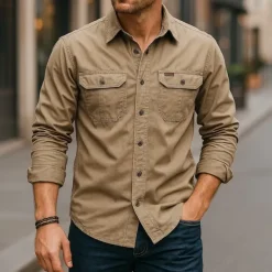 Men's Casual Shirt Work Shirt Button Up Shirt Dark Navy khaki Light Grey Army Green Long Sleeve Solid / Plain Color Lapel Vacation Holiday Button-Down Clothing Apparel Cotton Fashion Casual