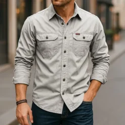 Men's Casual Shirt Work Shirt Button Up Shirt Dark Navy khaki Light Grey Army Green Long Sleeve Solid / Plain Color Lapel Vacation Holiday Button-Down Clothing Apparel Cotton Fashion Casual