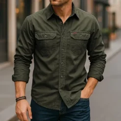Men's Casual Shirt Work Shirt Button Up Shirt Dark Navy khaki Light Grey Army Green Long Sleeve Solid / Plain Color Lapel Vacation Holiday Button-Down Clothing Apparel Cotton Fashion Casual