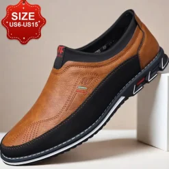 Men's Casual Slip-On Loafers - Brown and Black Breathable Leather Shoes for Everyday Wear