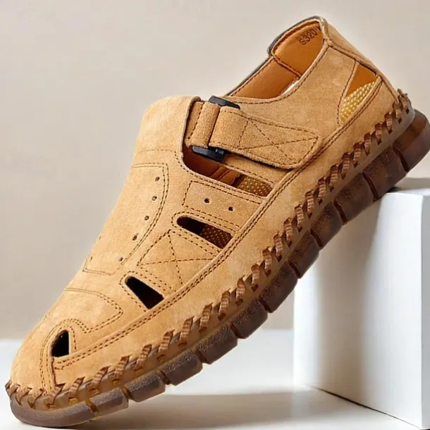 Men's Casual Tan Suede Sandals with Adjustable Velcro Strap, Breathable Design and Comfortable Sole – Perfect for Outdoor, Beach and Summer Activities