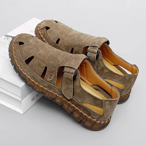 Men's Casual Tan Suede Sandals with Adjustable Velcro Strap, Breathable Design and Comfortable Sole – Perfect for Outdoor, Beach and Summer Activities
