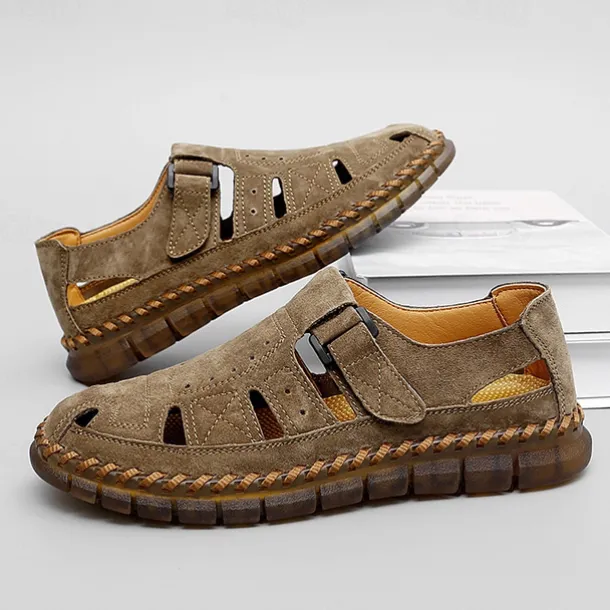 Men's Casual Tan Suede Sandals with Adjustable Velcro Strap, Breathable Design and Comfortable Sole – Perfect for Outdoor, Beach and Summer Activities
