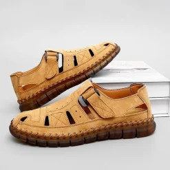 Men's Casual Tan Suede Sandals with Adjustable Velcro Strap, Breathable Design and Comfortable Sole – Perfect for Outdoor, Beach and Summer Activities