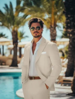 Men's Casual Wedding Linen Suits Summer Daffodil Beige Fashion Casual Solid Colored Standard Fit 2 Piece Single Breasted One-button