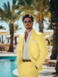Men's Casual Wedding Linen Suits Summer Daffodil Beige Fashion Casual Solid Colored Standard Fit 2 Piece Single Breasted One-button