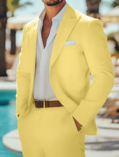 Men's Casual Wedding Linen Suits Summer Daffodil Beige Fashion Casual Solid Colored Standard Fit 2 Piece Single Breasted One-button