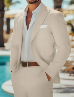 Men's Casual Wedding Linen Suits Summer Daffodil Beige Fashion Casual Solid Colored Standard Fit 2 Piece Single Breasted One-button