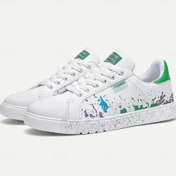 Men's Casual White Sneakers with Color Splash Design - Comfortable Fashionable Low-Top Lace-Up Shoes