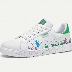 Men's Casual White Sneakers with Color Splash Design - Comfortable Fashionable Low-Top Lace-Up Shoes