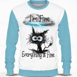 Men's Cat Funny Hoodies Sweatshirt Long Sleeve Sweatshirt Crew Neck Fashion Cowboy 3D Print Vacation Party Crewneck Fall Winter