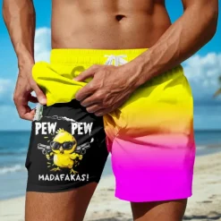 Men's Chick Funny Gradient Color Lined Shorts 2 in 1 Board Shorts Swim Shorts Mid Waist Hawaiian Vacation Beach Wear Side Pockets With Compression Liner Elastic Drawstring Waist Designer Clothing