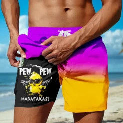 Men's Chick Funny Gradient Color Lined Shorts 2 in 1 Board Shorts Swim Shorts Mid Waist Hawaiian Vacation Beach Wear Side Pockets With Compression Liner Elastic Drawstring Waist Designer Clothing