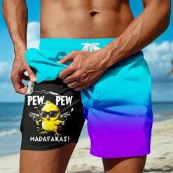Men's Chick Funny Gradient Color Lined Shorts 2 in 1 Board Shorts Swim Shorts Mid Waist Hawaiian Vacation Beach Wear Side Pockets With Compression Liner Elastic Drawstring Waist Designer Clothing