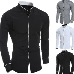 Men's Chinese Collar Shirt Mandarin Collar Shirt Dress Shirt Collarless Shirt Symbol Wedding Street Black White Gray Long Sleeve Stand Collar Spring & Fall Clothing Apparel Button-Down