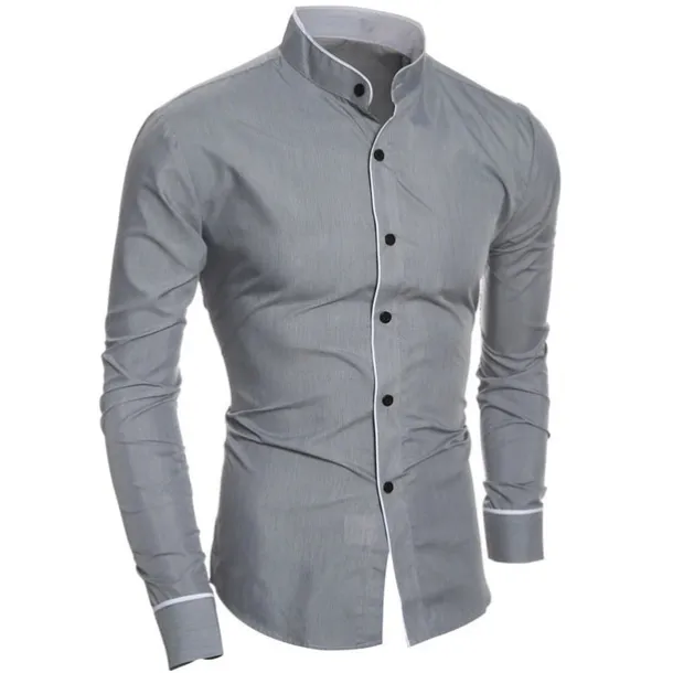 Men's Chinese Collar Shirt Mandarin Collar Shirt Dress Shirt Collarless Shirt Symbol Wedding Street Black White Gray Long Sleeve Stand Collar Spring & Fall Clothing Apparel Button-Down