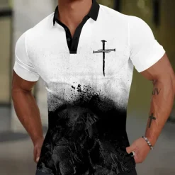 Men's Christian Golf Shirt Short Sleeve Polo Shirts Collared Shirts Vacation Wear Party Outfits Buttons 3D Print Summer Black