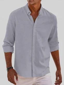 Men's Classic Beach T Shirt Casual Shirt Standard Fit Long Sleeve Lapel Solid Color Cotton Linen White Beige Grey 2025
