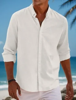Men's Classic Beach T Shirt Casual Shirt Standard Fit Long Sleeve Lapel Solid Color Cotton Linen White Beige Grey 2025