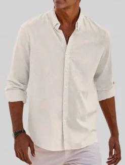 Men's Classic Beach T Shirt Casual Shirt Standard Fit Long Sleeve Lapel Solid Color Cotton Linen White Beige Grey 2025