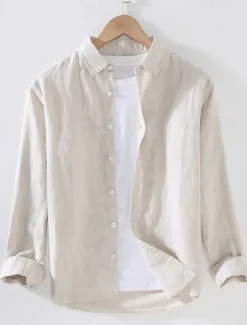 Men's Classic Beach T Shirt Casual Shirt Standard Fit Long Sleeve Lapel Solid Color Cotton Linen White Beige Grey 2025